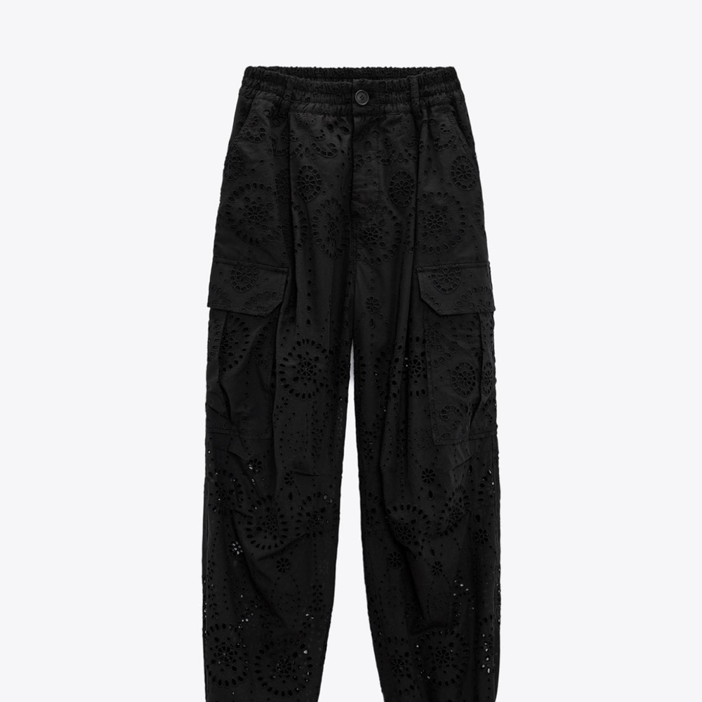 Chic Black Eyelet Cargo Pants